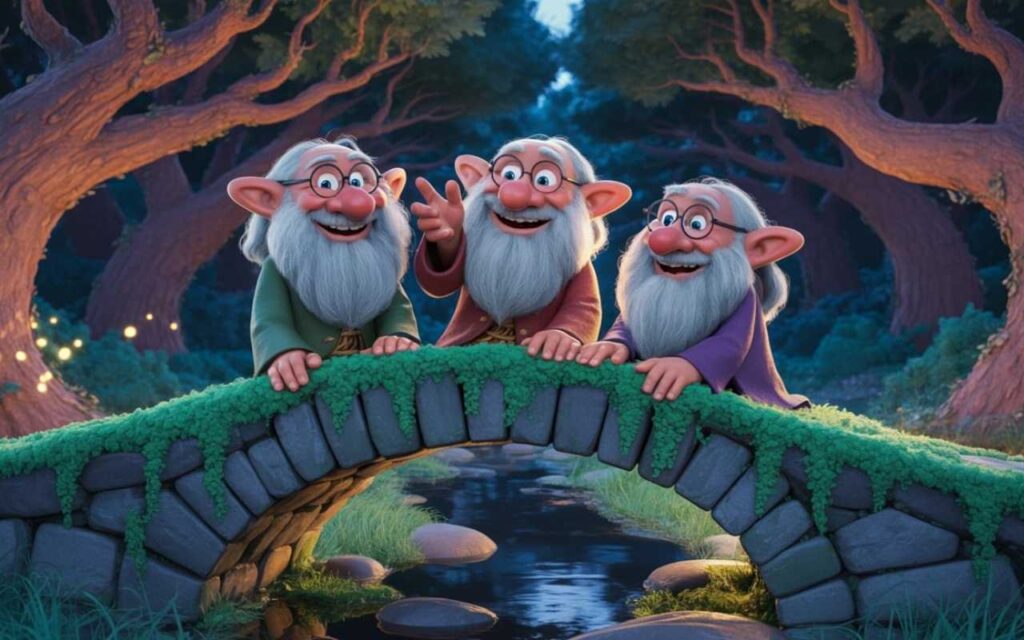 Three elder trolls with gray beards and round spectacles, gathered on an ancient stone bridge covered in moss. The bridge is surrounded by old trees with twisted branches.