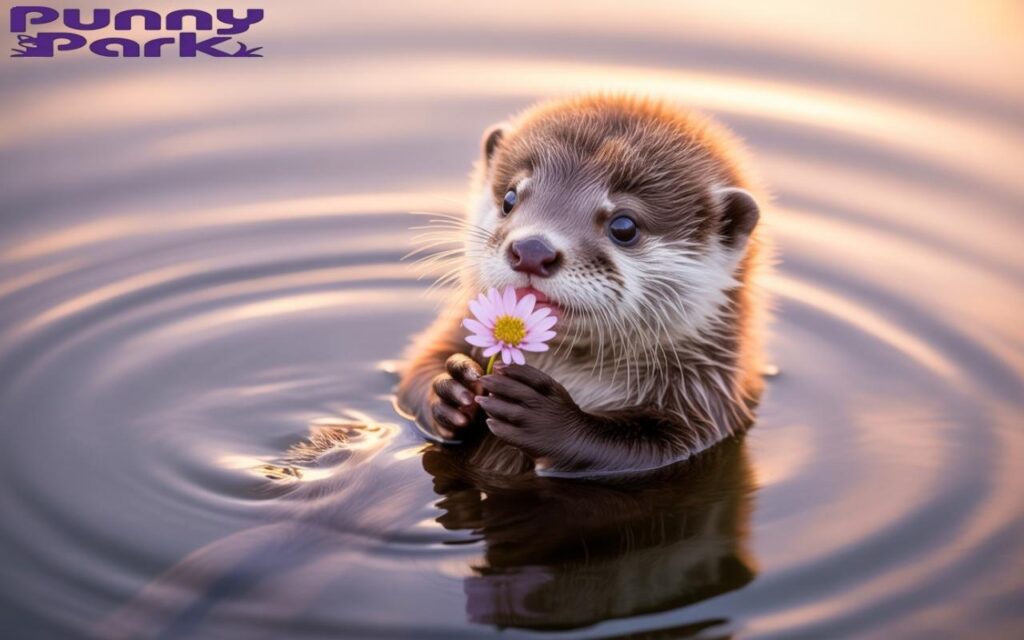 An otter floating on mirror like water, holding a pink flower in its tiny paws.