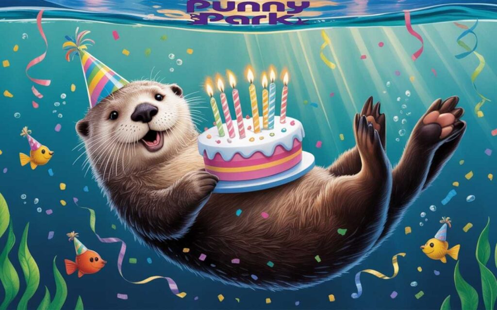 An otter floating on its back, wearing a party hat and clutching a birthday cake decorated with candles.