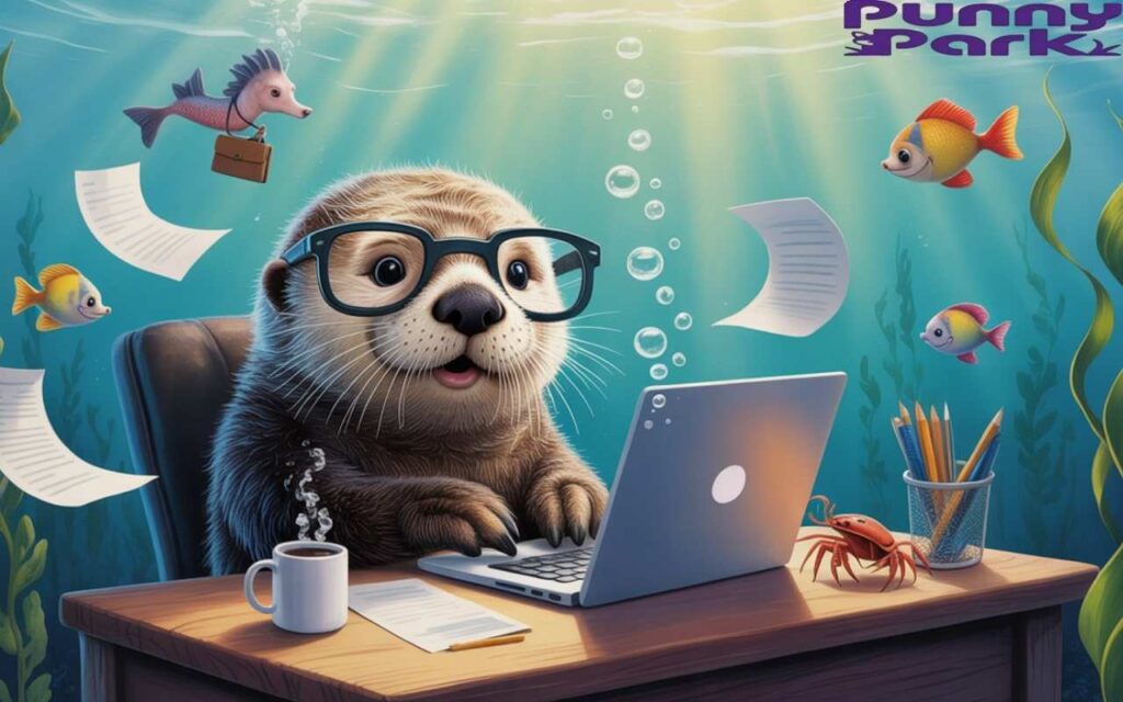 An otter sitting at a wooden desk underwater, typing on a laptop. The otter wears glasses, while papers drift around the workspace and a coffee mug hovers nearby. A seahorse acts as a supervisor by carrying mini briefcase, colorful fish swims and a crab scuttles across the desk.