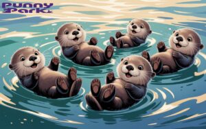 A group of otters floating together on ocean water. They are floating on their backs, their bellies facing upward.