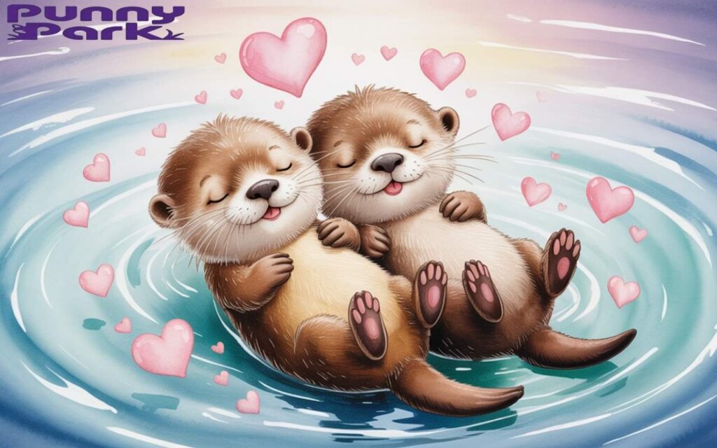 Two otters floating side by side on water, their faces touching each other with closed eyes.