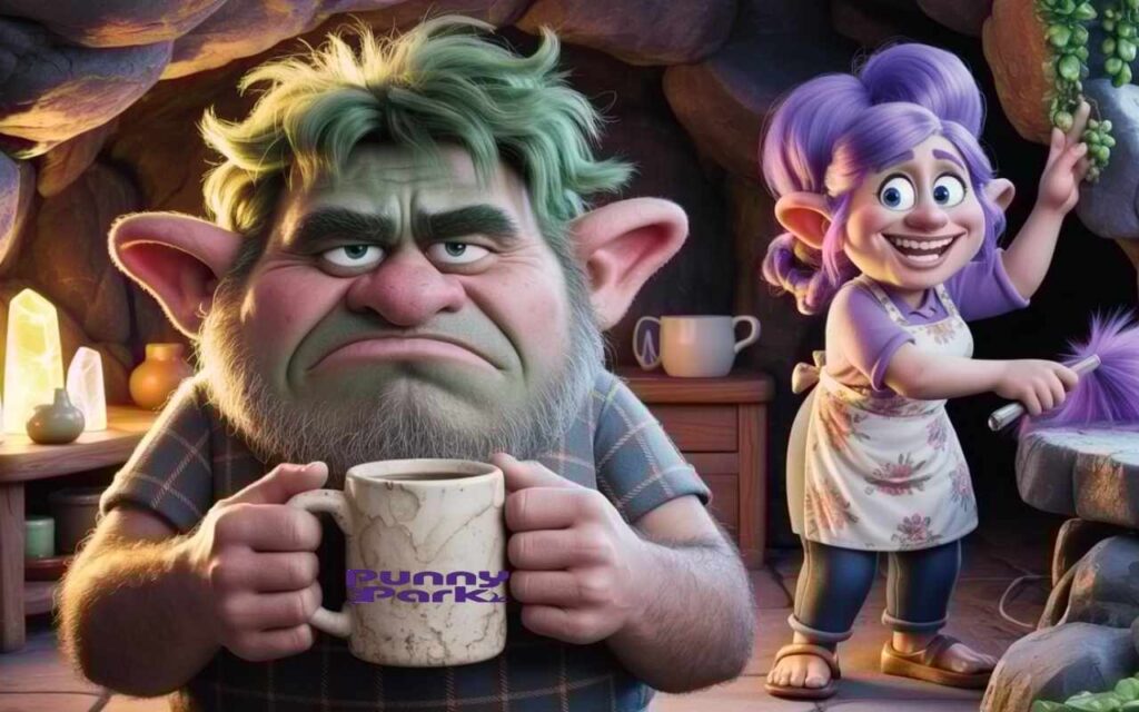 A grumpy dad troll with green hair and furrowed eyebrows, clutching a mug in his hands. Nearby, a cheerful mom troll wearing a floral apron with lavender hair, dusting rocky shelves in their house.