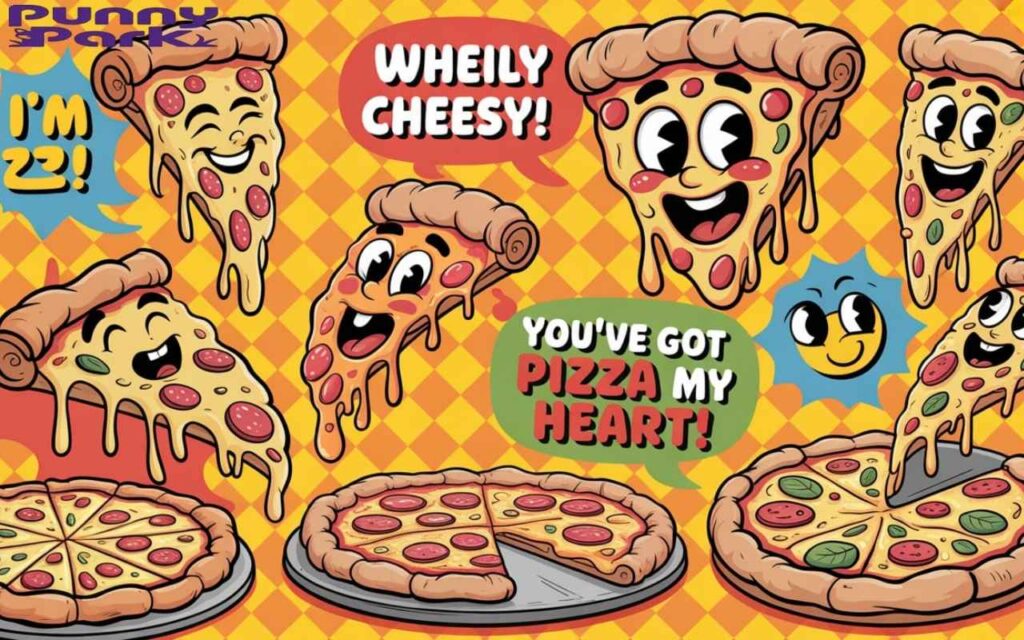 An array of
pizzas with expressive, smiling faces and googly eyes scattered across a bright yellow and orange checkered background. The pizza characters include a pepperoni slice, a deep dish pizza, a stuffed crust pizza, and a veggie pizza. Speech bubbles containing puns like "I'm wheely cheesy!" and "You've got a pizza my heart."