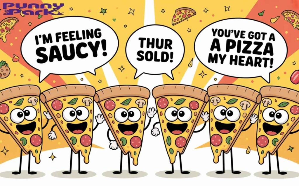 A group of
pizza slices with big smiles and googly eyes waving enthusiastically. Each slice displays toppings like pepperoni, mushrooms, bell peppers, and melted cheese dripping. Speech bubbles containing pizza puns like "I'm feeling saucy!" and "You've got a pizza my heart!" written in bold fonts.