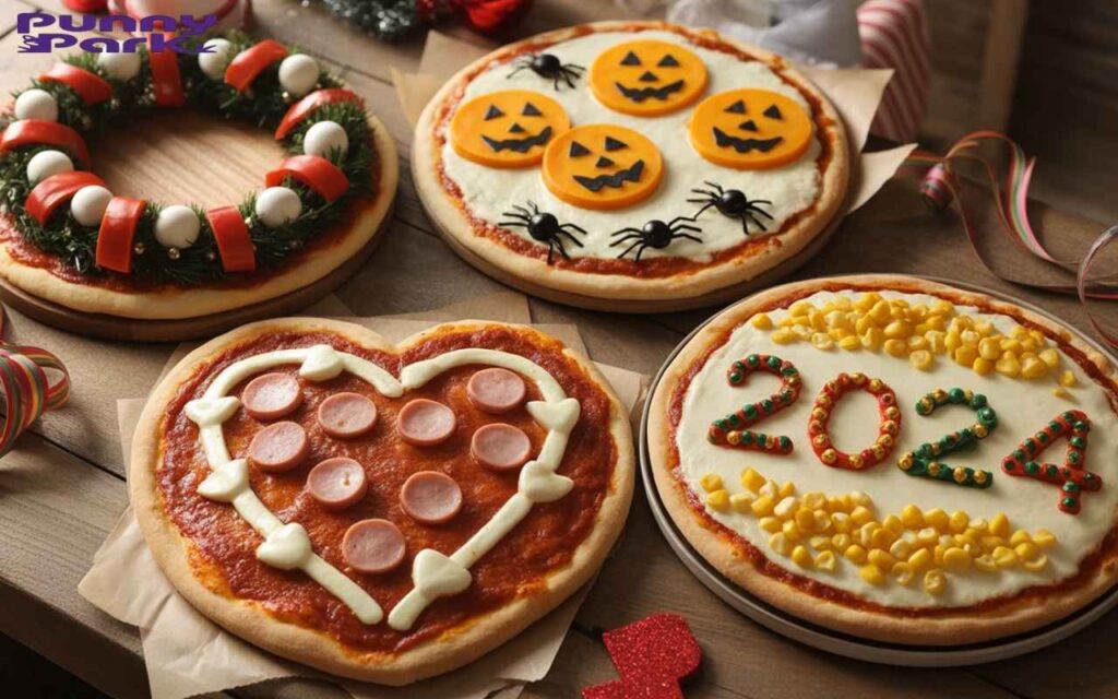 Four festive
pizzas arranged on a wooden table, each decorated for a different holiday celebration. The Christmas pizza has red and green bell peppers arranged like a wreath. Halloween pizza displays orange cheddar jack-o'-lantern faces and spiders. The Valentine's Day pizza is shaped like a heart, and the New Year pizza has vegetable pieces spelling out "2024".