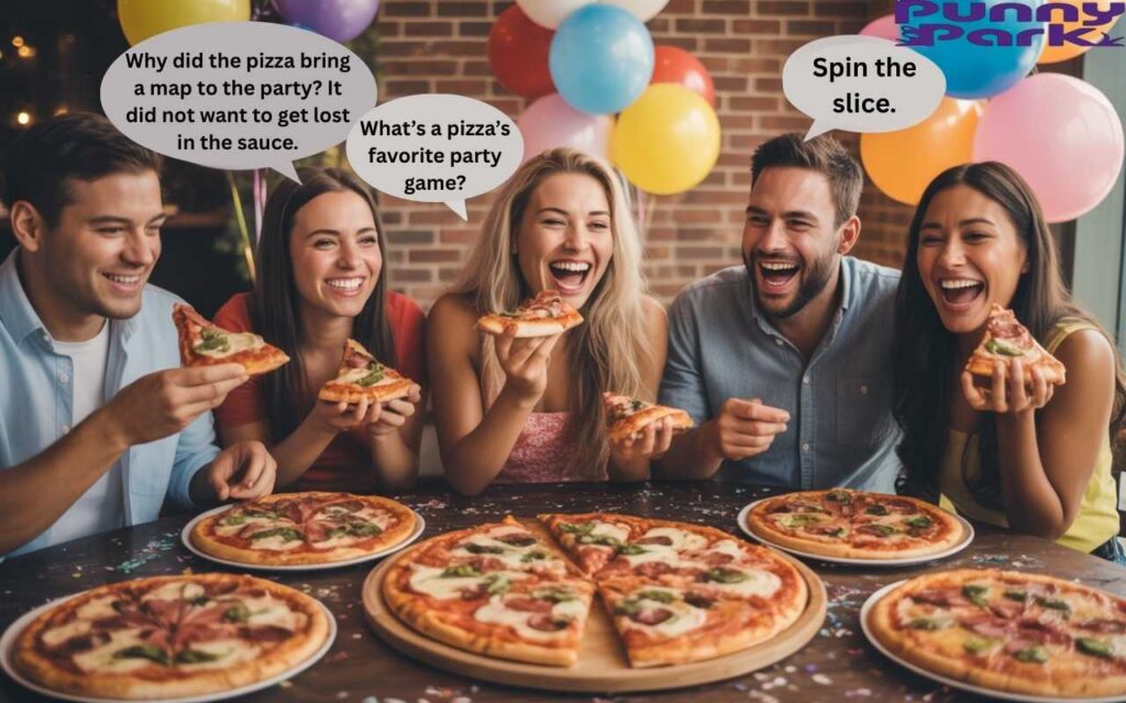 A lively pizza party scene with friends enjoying
slices, balloons, and pizzas with speech bubbles, giving a festive and playful vibe.