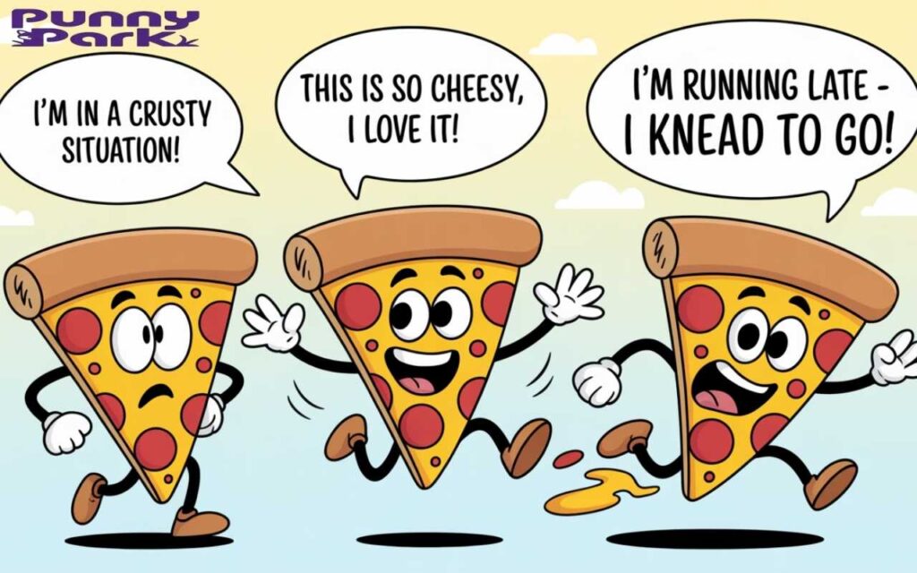 Three
pizza slices, each with expressive faces. The first slice appears worried, with a speech bubble reading "I'm in a crusty situation!"; the second slice bounces excitedly, its speech bubble saying "This is so cheesy, I love it!"; and the third slice is running with a panicked expression, with a speech bubble exclaiming "I'm running late - I knead to go!"