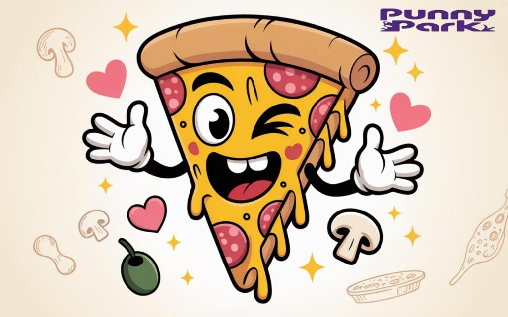A cheesy slice with a winking expression and a mischievous grin. The slice features melted mozzarella cheese dripping playfully from its edges. Around the slice, there are floating pink hearts, golden sparkles, and bouncing mushroom and olive toppings.