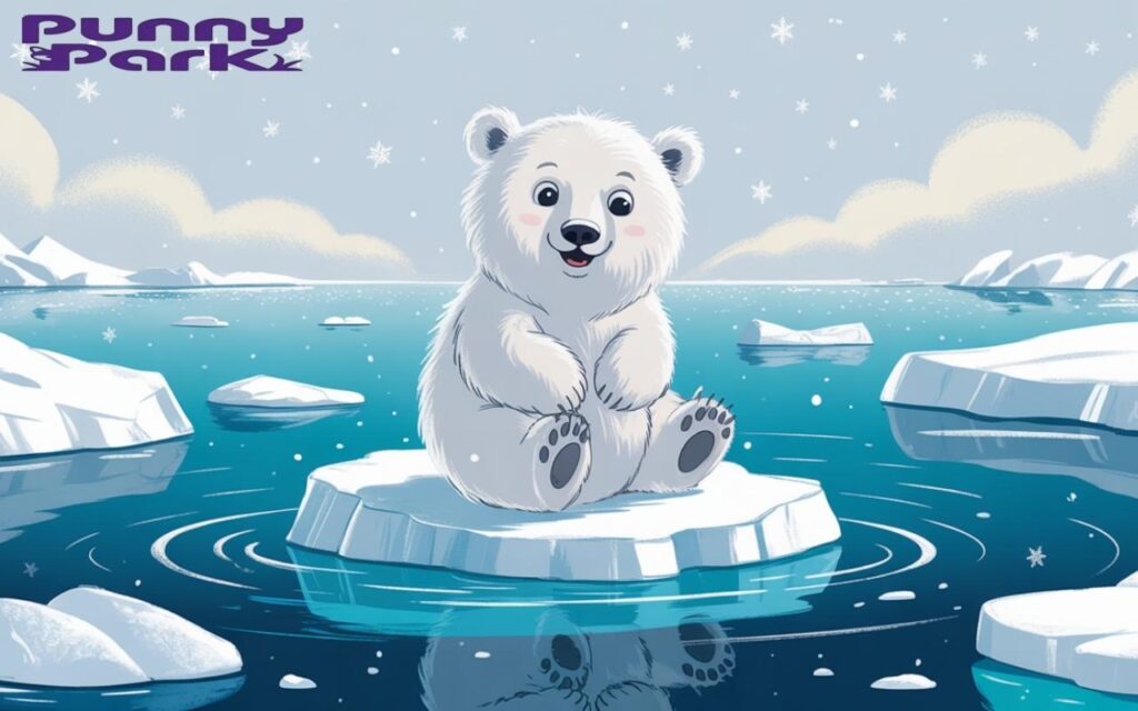 A polar bear
sitting on a small floating ice chunk in the middle of a ocean. The bear has a cheerful expression, surrounding the bear are additional ice drift in the water, while snowflakes fall from sky.