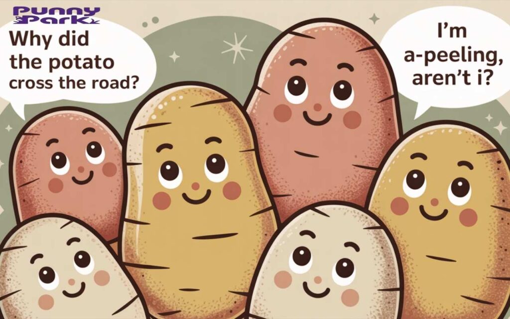 The spuds are arranged in a group, with classic joke text in white speech bubbles like "Why did the potato cross the road?" and "I'm a-peeling, aren't I?".