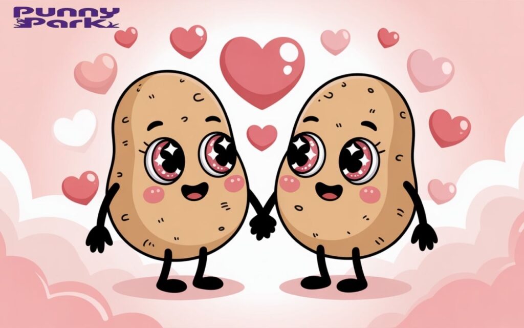 Two adorable
potatoes, holding hands in the center of the frame. They stand together on a dreamy soft pink background, creating a romantic atmosphere.