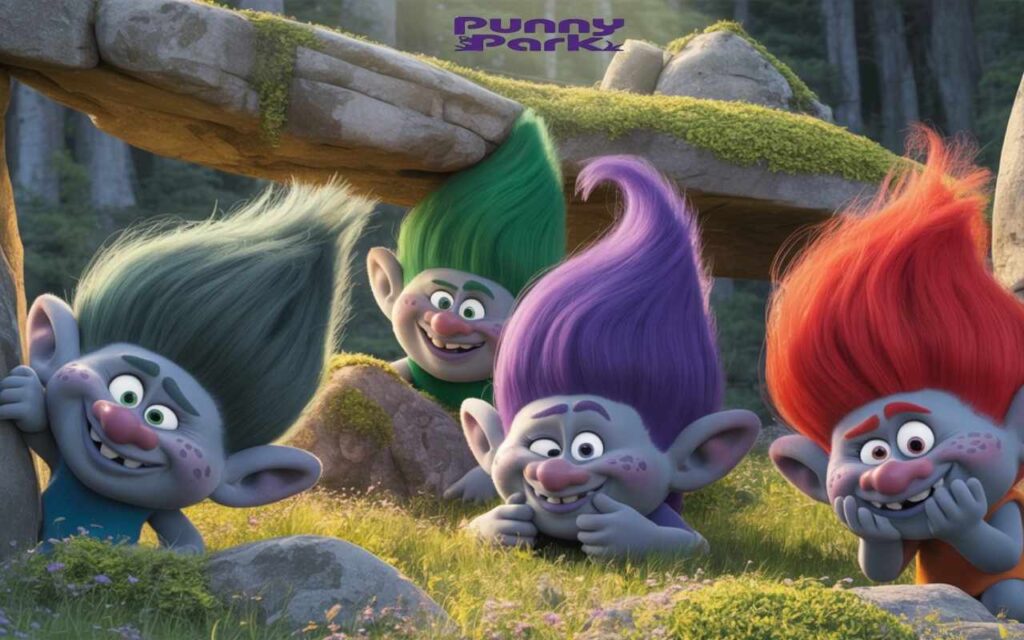A group
of mischievous trolls, their hair in shades of green, purple, and orange. They peek out from behind moss covered boulders.
