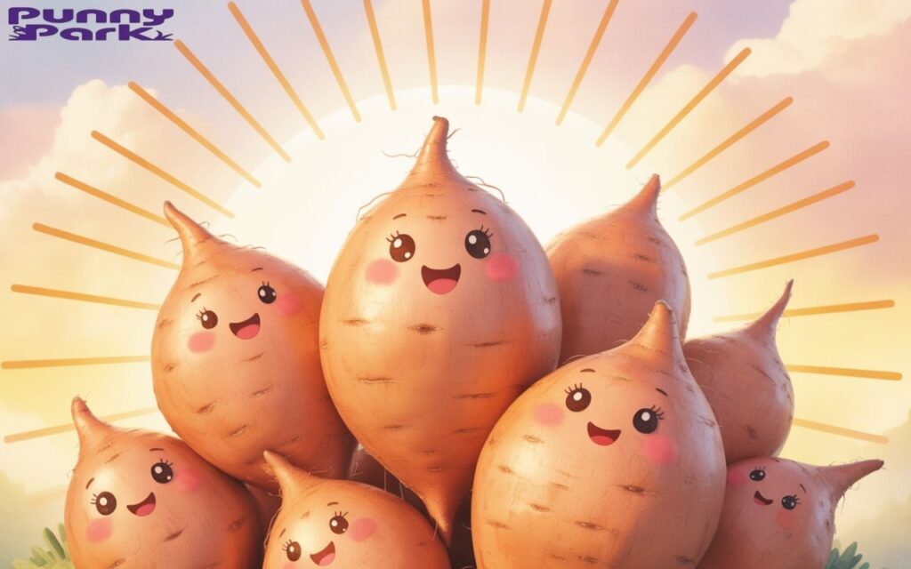 A sweet
tater smiling faces and sparkling eyes that radiate pure joy. They are clustered together like a happy family, their smooth orange skin glowing warmly in the light.