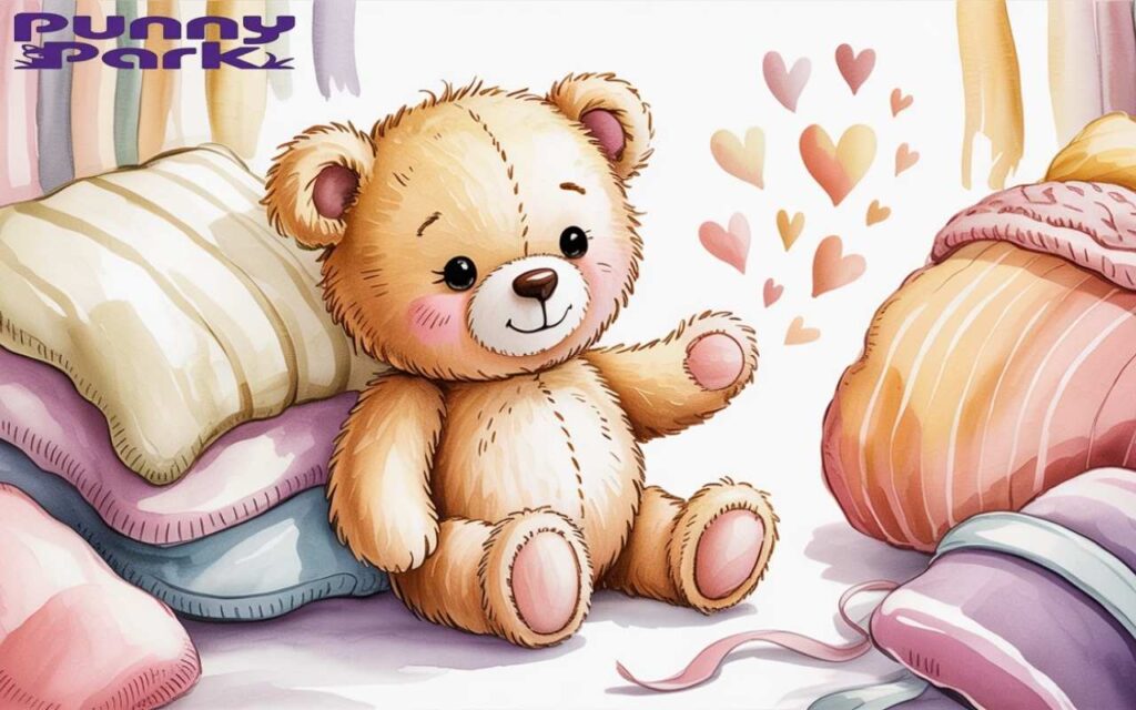 A teddy bear with honey brown fur, sitting among layers of fluffy pastel blankets in cream, blush pink, and lavender. The bear has gentle button eyes, a stitched smile.