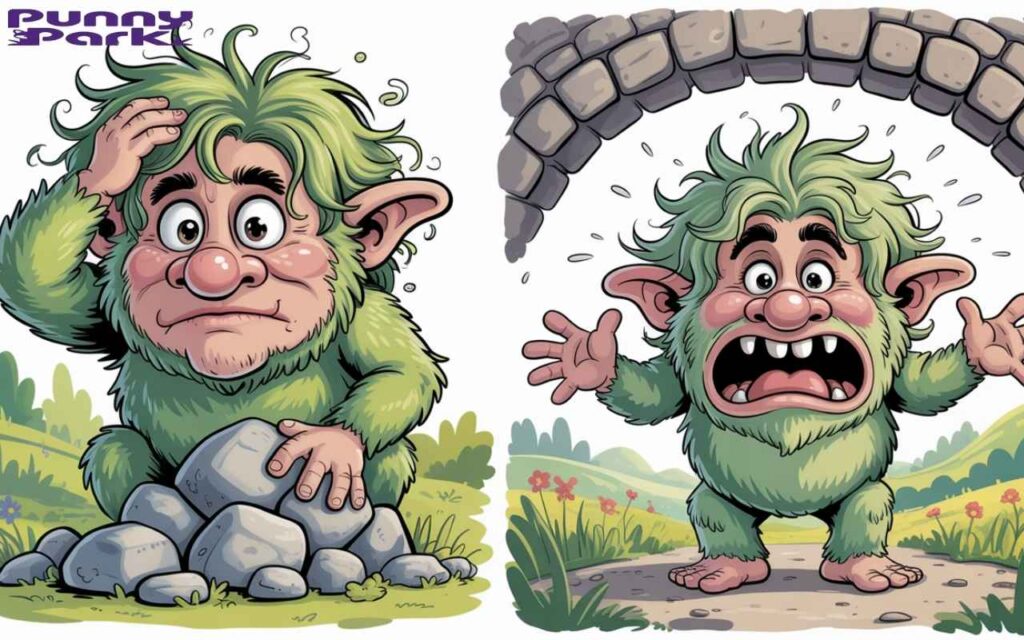 A troll with exaggerated facial expressions. The troll has green hair and a bulbous nose, displaying confused expressions. In another scene, the same troll stands under a stone bridge with his mouth open in complete surprise, his eyebrows raised and arms spread wide in shock.