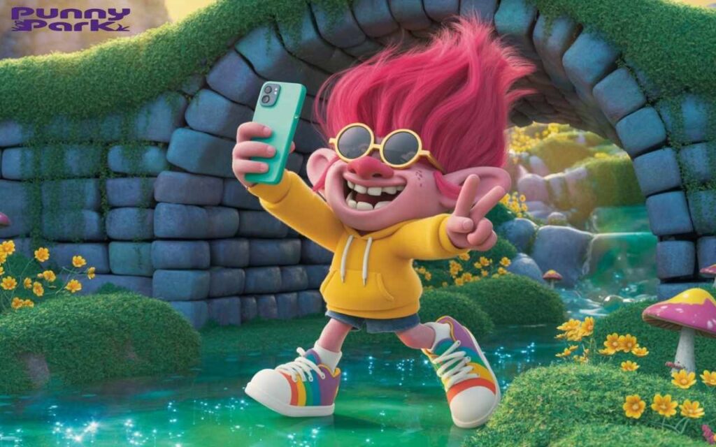 A troll
character taking selfies with a smartphone on green water like floor. The troll has pink hair, round sunglasses, and wears a yellow hoodie with rainbow sneakers, striking playful poses with peace signs and big grins.