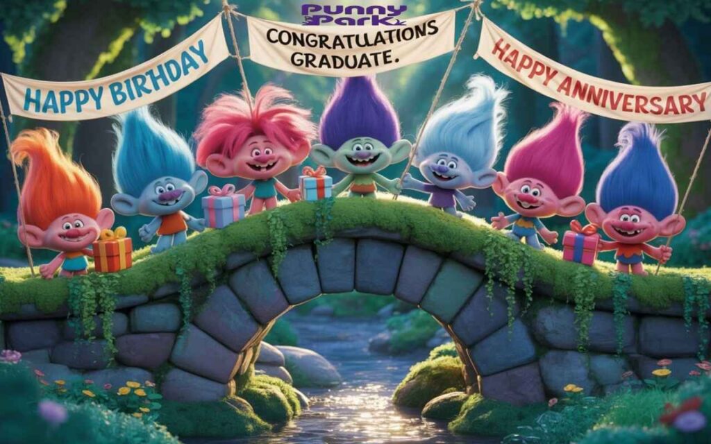 Multiple colorful trolls
with vibrant hair celebrating various events on an stone bridge covered in moss. The trolls have blue, pink, and purple skin tones, holding festive banners that read "Happy Birthday," "Congratulations Graduate," and "Happy Anniversary" while wrapped presents are on the bridge.