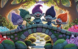 Trolls gathered on an arched bridge, their hair in shades of purple, green, and orange as they burst into laughter.