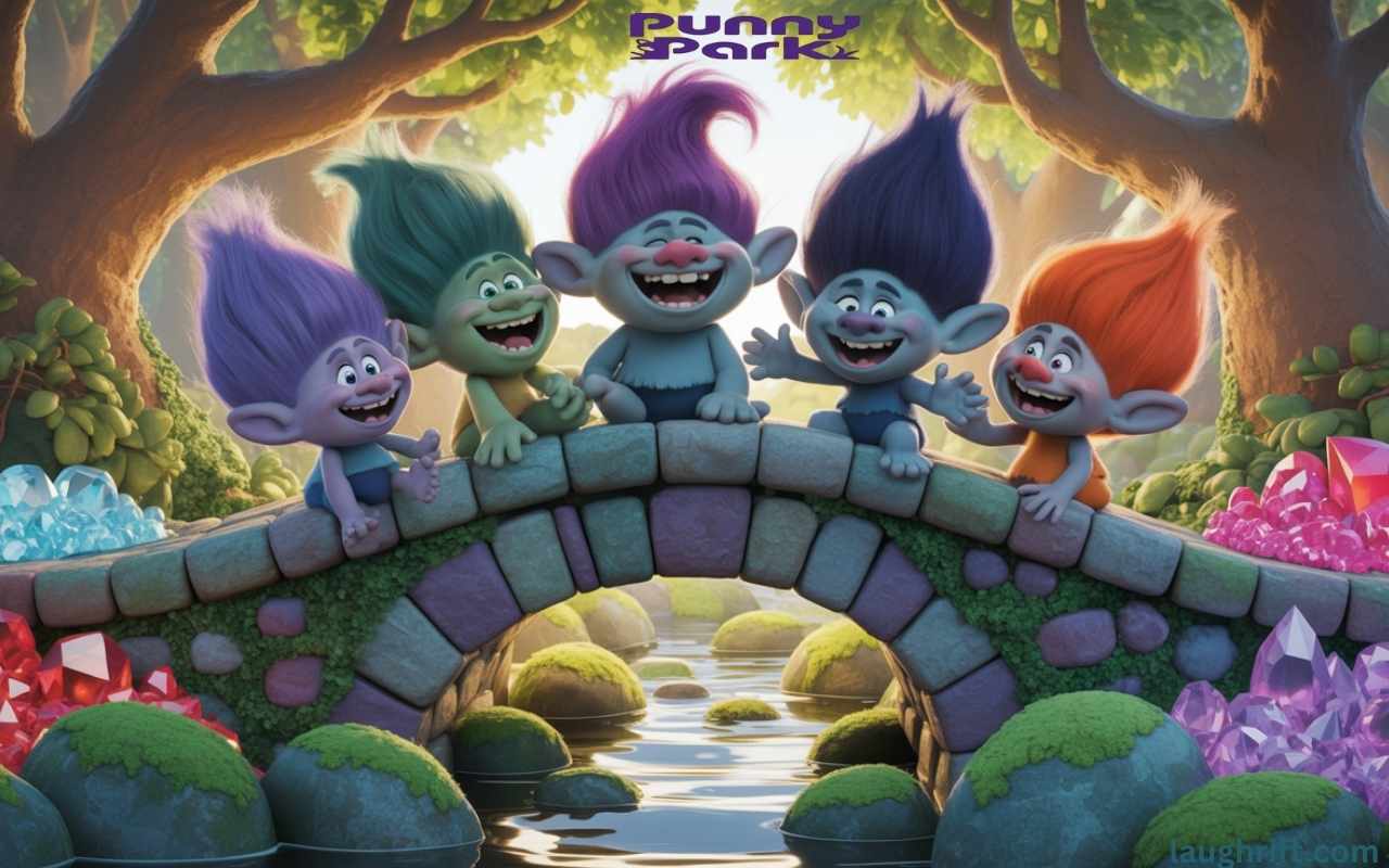 Trolls gathered on an arched bridge, their hair in shades of purple, green, and orange as they burst into laughter.