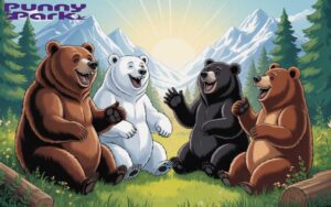 Four bears laughing together in a forest. The group includes a grizzly bear, polar bear, black bear, and a brown bear.