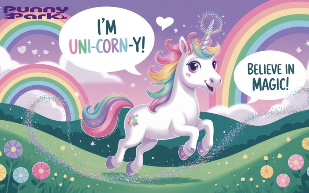 The unicorn has a spiraled silver horn that glimmers with rainbow light, while tiny glitter particles dance around its hooves. Floating speech bubbles display playful puns like "I'm uni-corn-y!" and "Believe in magic!" in colorful fonts.