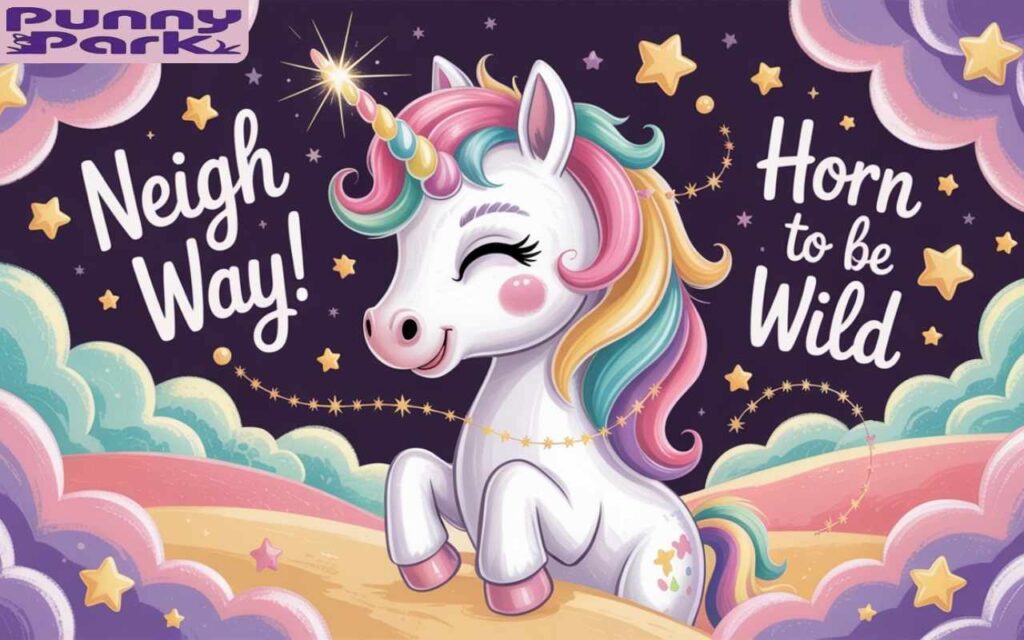 A unicorn positioned center frame one eye closed in a playful wink. The background features a dreamy landscape of cotton candy clouds in lavender and mint green hues, with rolling hills in peachy pink tones.