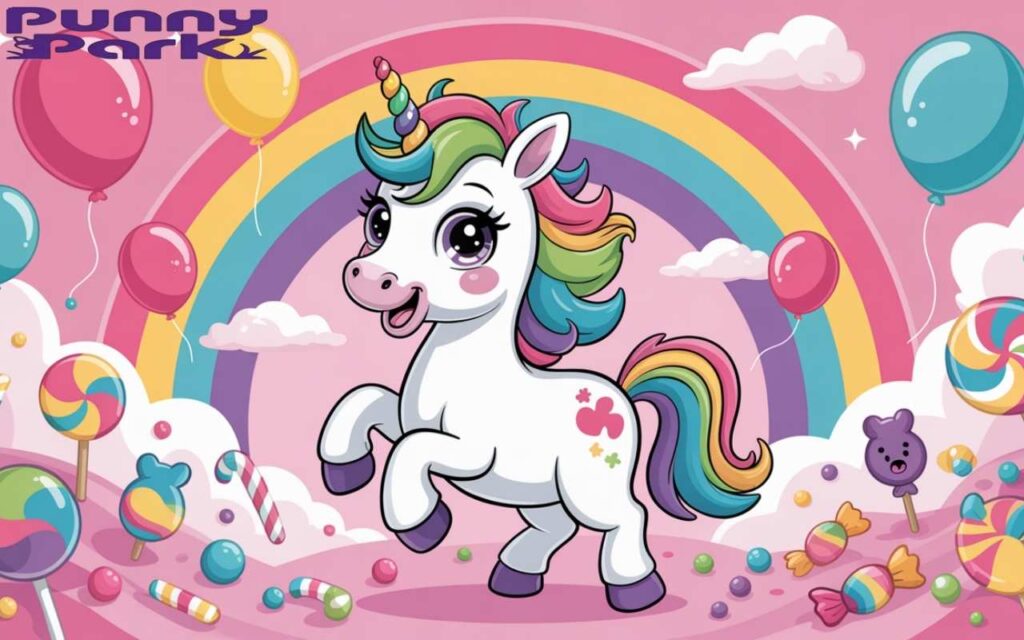 A white unicorn with rainbow colored mane and tail, in a candy wonderland. Colorful balloons in bright pink, yellow, and turquoise float around the unicorn, while lollipops, gummy bears, and striped candy canes are scattered throughout the scene.