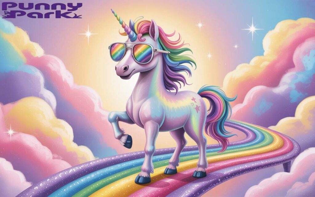 A unicorn wearing sunglasses with rainbow tinted lenses, striking a pose with one hoof slightly raised. The magical creature stands on a rainbow bridge made of glittering stardust, floating above cotton candy clouds in soft pink and lavender hues.