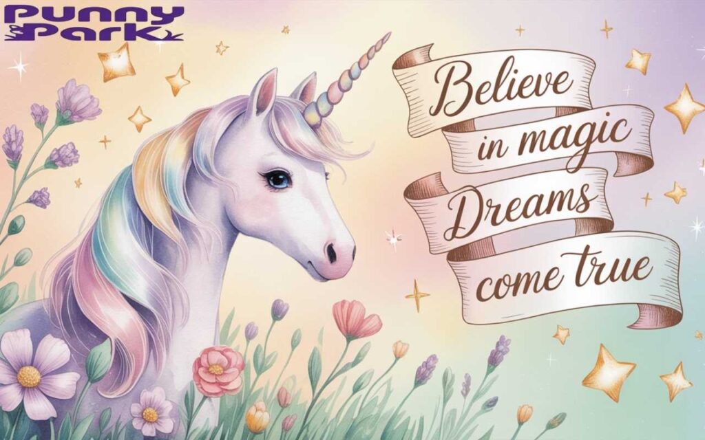A mythical creature standing gracefully in a soft pastel meadow. Its kind eyes sparkle with warmth as delicate flowers bloom around its body. Floating golden sparkles and twinkling stars drift through the sky, which transitions from soft peach to pale violet in gentle gradients. Banners reading "Believe in Magic" and "Dreams Come True."