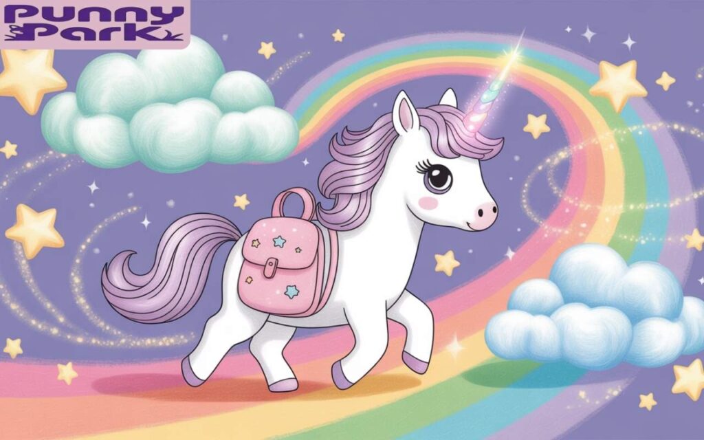 A fantasy horse, wearing a backpack decorated with tiny star patches, walks gracefully along a vibrant rainbow path that curves through a dreamy sky, its horn glowing and its eyes sparkling.