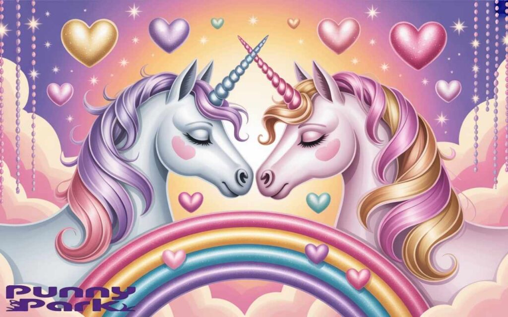 Two fantasy creatures gently touching noses while standing, their eyes closed in a tender moment of connection. Glittering hearts in shades of pink, gold, and purpe float around them.