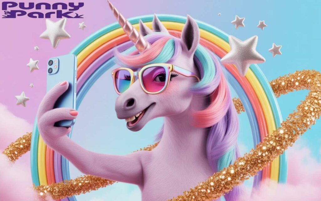 A unicorn with lavender mane, holding a smartphone with one hoof while striking a confident pose for a selfie. The unicorn wears stylish glasses with a bright smile on his face.