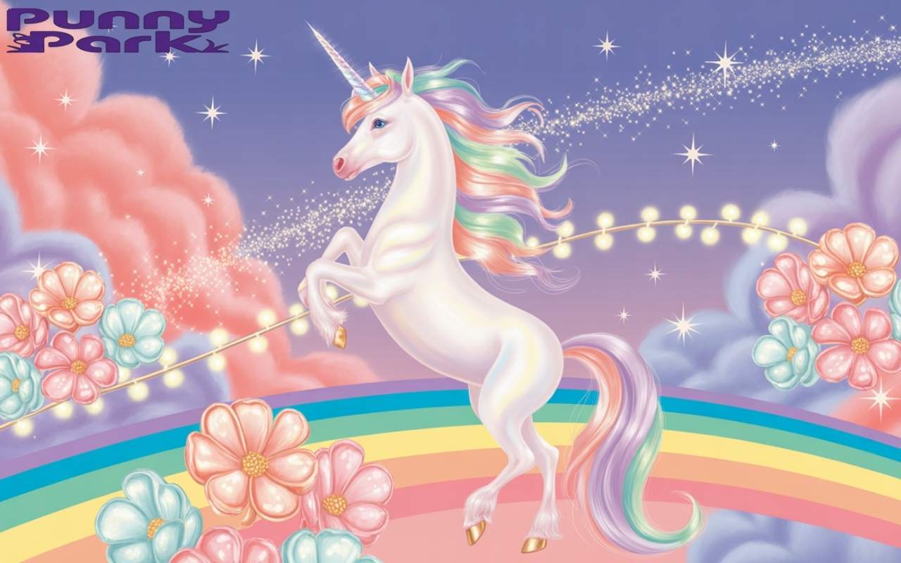 A white unicorn standing atop a rainbow bridge. The unicorn's flowing mane and tail shimmer with pastel pink, lavender, and mint green highlights, while its pose conveys both playful energy and elegant poise, with one front hoof delicately raised.