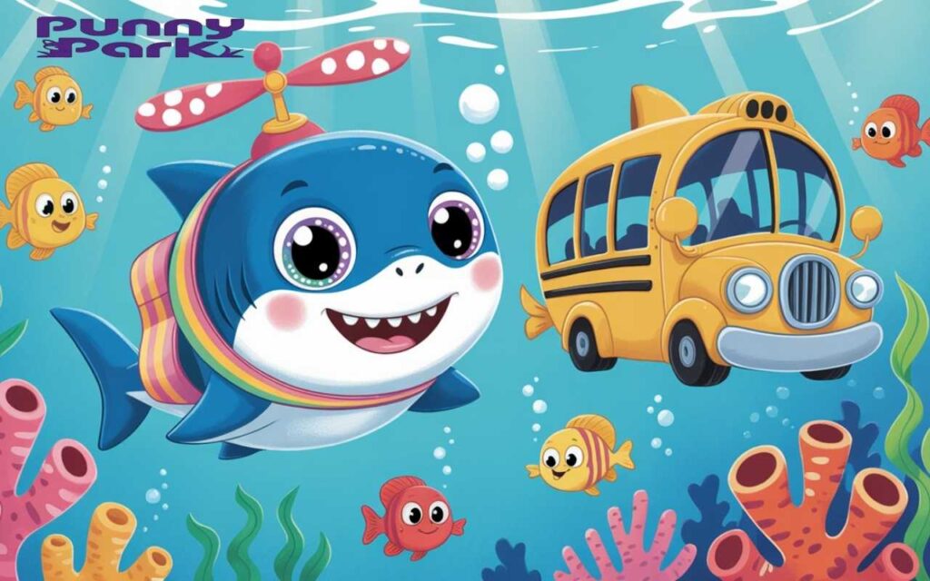 An adorable baby
shark with big sparkling eyes and a cheerful smile, wearing a rainbow striped backpack and a spinning red propeller hat with white polka dots. There is also a yellow submarine school bus.