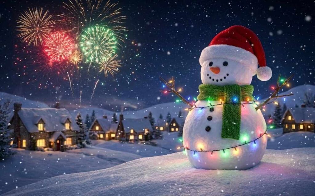 A festive snowman celebrating the holidays, wearing a red Santa hat and a green scarf while wrapped in glowing, multi coloured fairy lights. The night sky behind him is filled with bright, exploding fireworks over a snowy town.