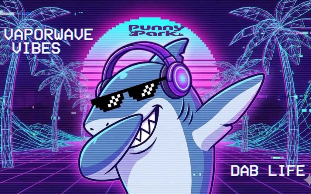 A digital art of a shark striking a "dab" pose. The shark is wearing pixelated "thug life" sunglasses and headphones. The background features a vaporwave aesthetic with neon purple and pink gradients, grid lines, and digital glitch effects.