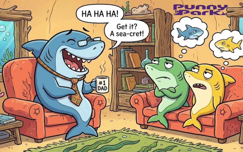 A big killer fish dressed as a father figure, wearing a necktie and reading glasses. He is sitting in a cozy living room, holding a mug that says "#1 Dad" and laughing. Next to him, two smaller killer fishvare rolling their eyes and looking annoyed, reacting to his "dad joke."