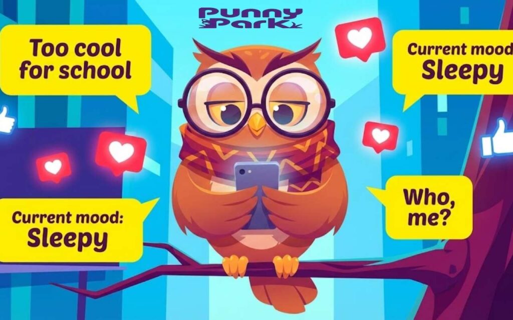 A cartoon illustration features a trendy orange owl wearing large glasses and a scarf, looking at a smartphone. It is surrounded by yellow speech bubbles with text like "Too cool for school," "Current mood: Sleepy," and social media icons.