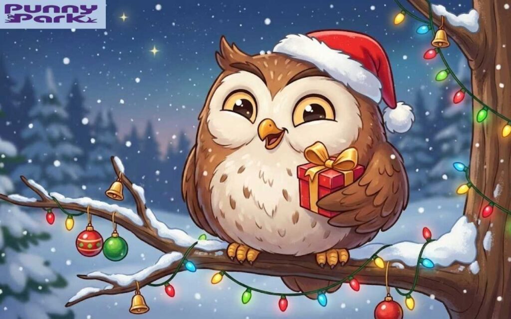 A festive cartoon illustration shows a cute brown night flyer wearing a red Santa hat and holding a wrapped gift. It is perched on a snow covered tree branch decorated with colorful Christmas lights, ornaments, and bells in a snowy forest at night.