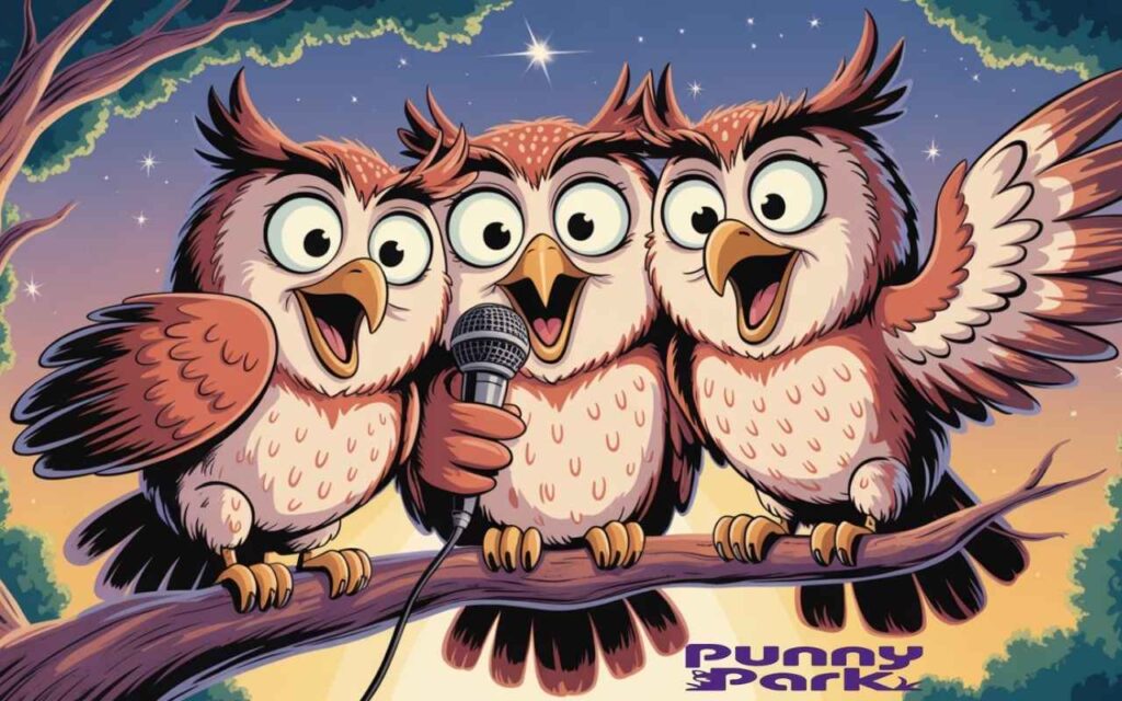 Three owls perched on a tree branch, with one owl holding a tiny microphone close to its beak. The owls display exaggerated expressions, sparkling eyes, open beaks mid hoot, and animated wing gestures that suggest they are in the middle of a comedy performance.