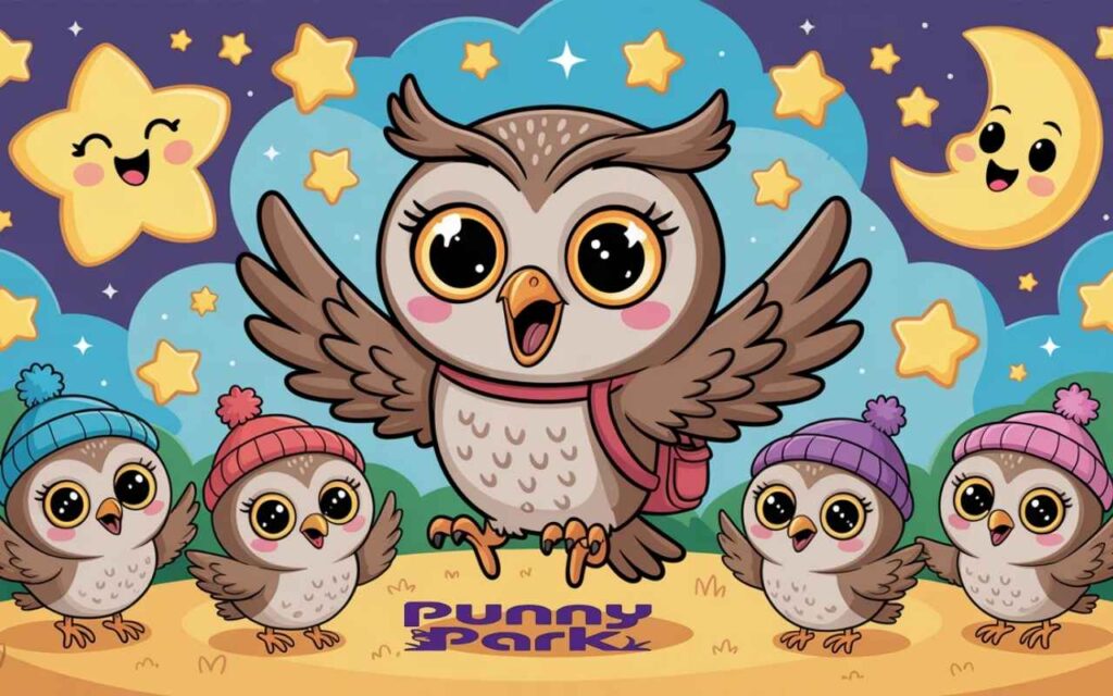 An adorable owl wearing a tiny red backpack, surrounded by a group of cute owlets. The owl's wings are spread wide and beak open in joy, while the smaller owlets giggle and play around it, each with their own vibrant colored caps.