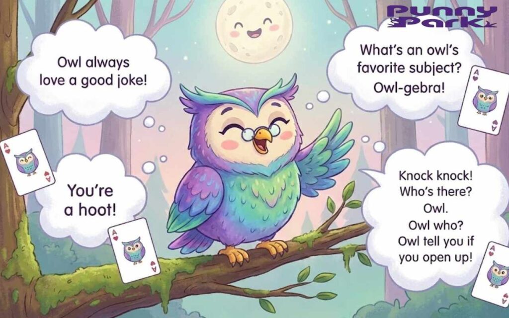 A colorful owl wearing glasses is perched on a branch in a forest, laughing with its wing raised. It is surrounded by floating thought bubbles containing puns like "Owl always love a good joke!" "you're a hoot!" etc, and playing cards with owl illustrations.
