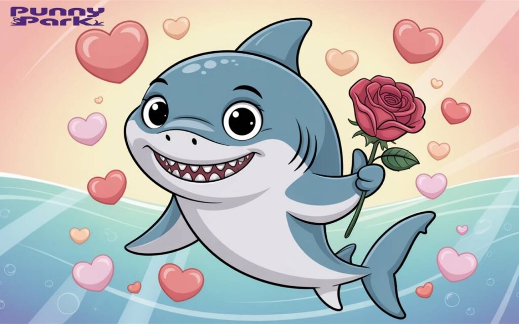The Big fish is holding a red rose in one of its fins, with a sweet smile revealing his teeth. Heart shaped bubbles float around it, creating a romantic atmosphere. The background features a dreamy ocean gradient that transitions from soft baby pink at the top to gentle sky blue at the bottom.