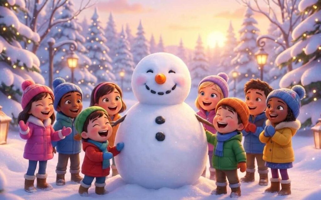 A cute scene featuring a happy snowman. He is surrounded by a group of laughing children wearing winter coats and hats in a bright, snowy wonderland.