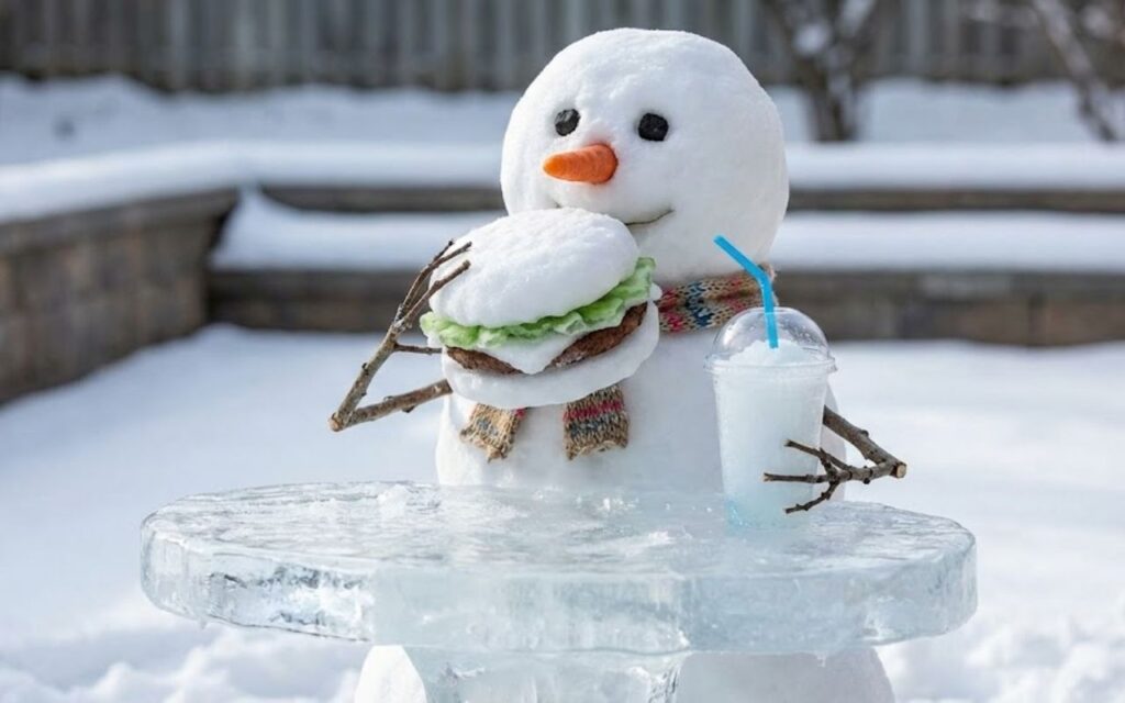 A funny concept of a snowman sitting at a table made of solid ice. He is holding a drink with a straw and is about to eat a hamburger that is made entirely out of white snow.