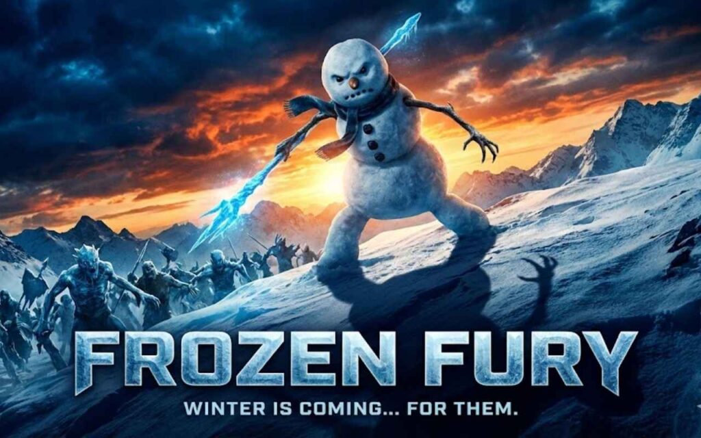 A dramatic, high contrast movie poster illustration featuring a "hero" snowman in an intense action pose. The lighting is epic and cinematic, mimicking the style of a Hollywood blockbuster action film.