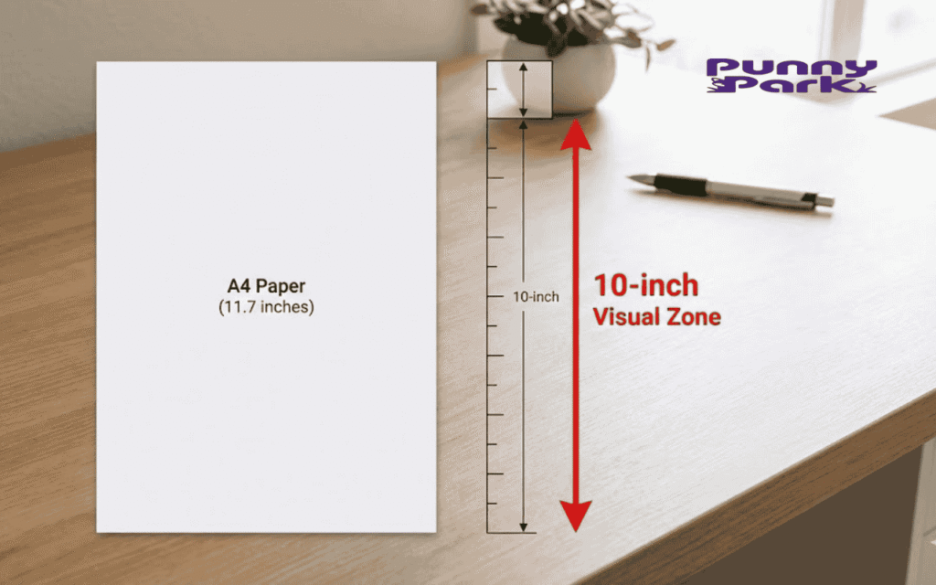 A vertical A4 sheet of paper next to a "10-inch Visual Zone" scale to illustrate its 11.7-inch height.