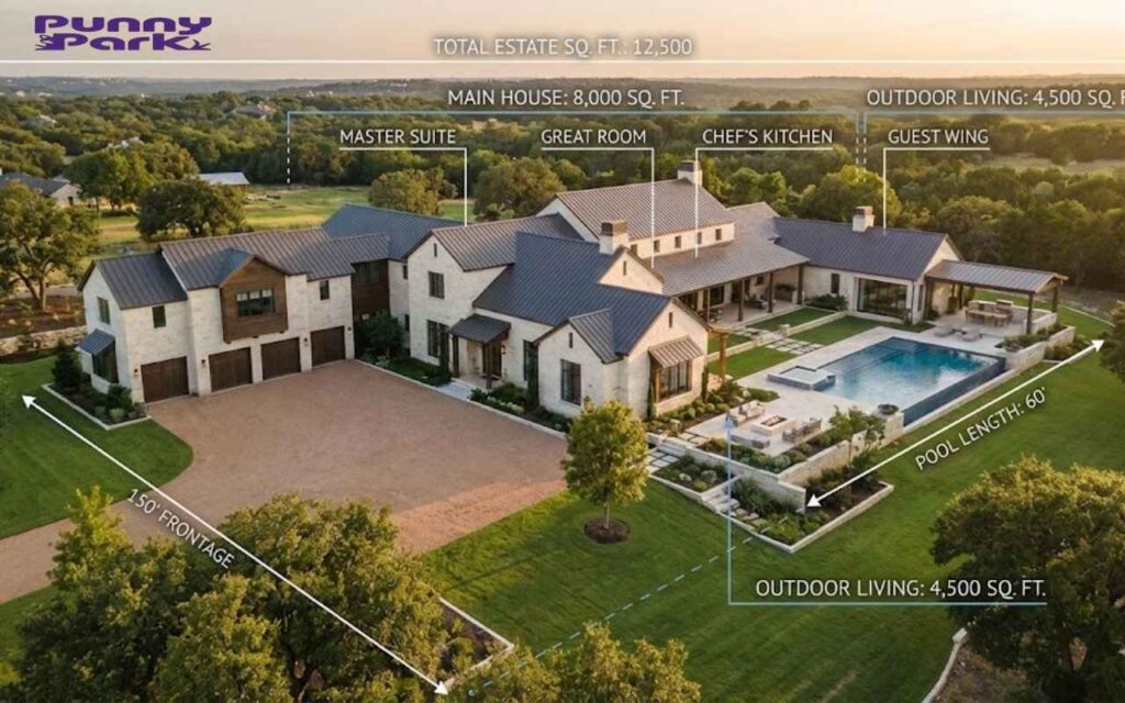 An aerial photo displays a large luxury estate with text labels. It highlights an 8,000-square-foot main house and a guest wing. A 60-foot swimming pool sits near the outdoor living area.