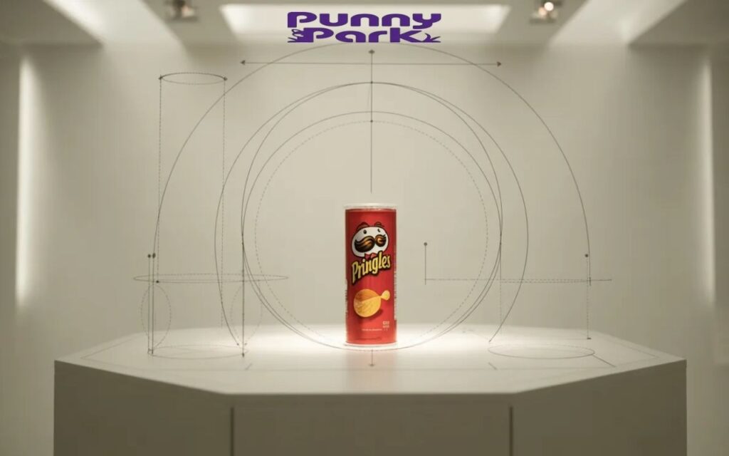 A red Pringles can sits on a white table in the middle of a empty room. Thin black lines and circles, like a blueprint drawing, float in the air around the can.